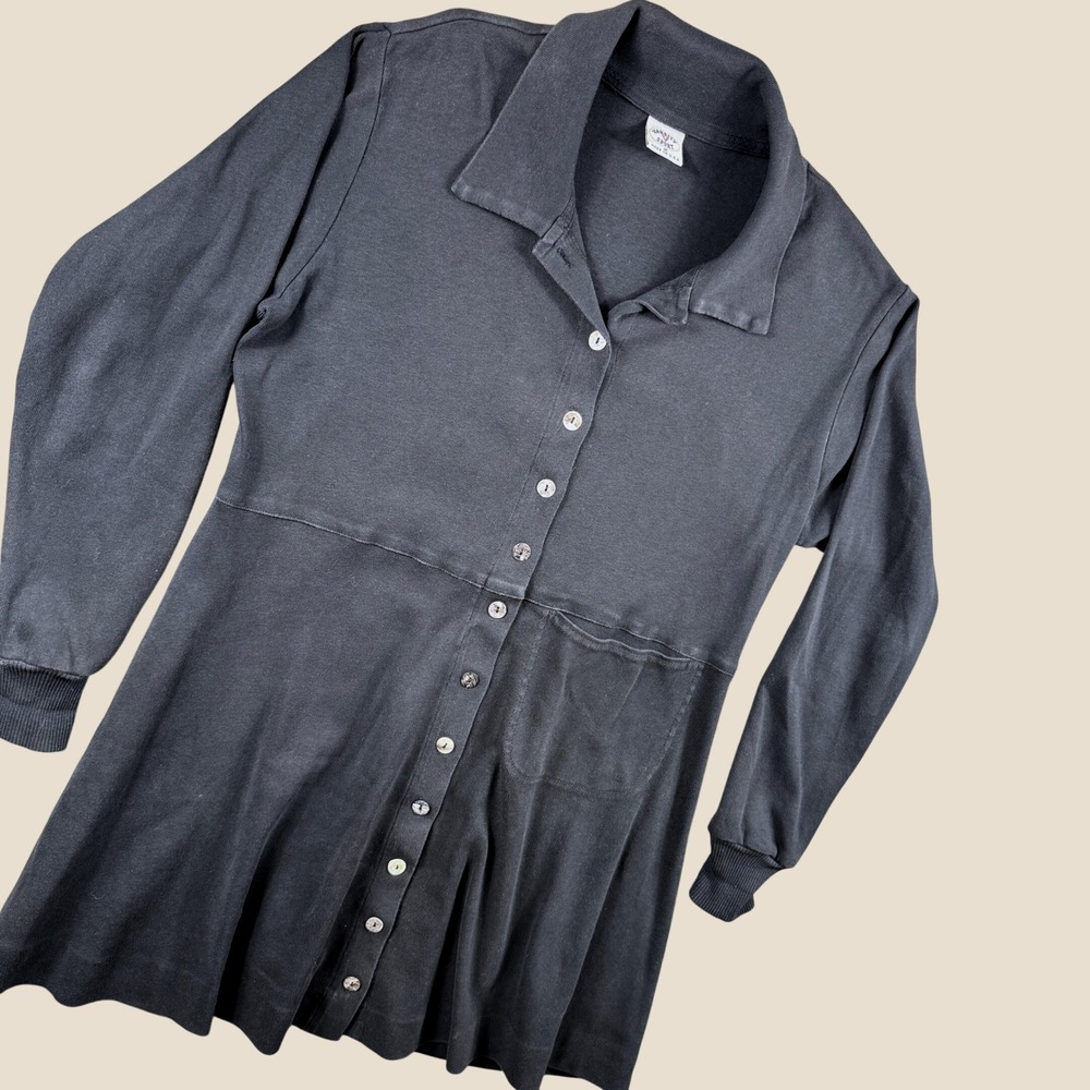 Vintage Varsity Sport Button Front Tunic Women M Black Long Sleeve Jersey Knit